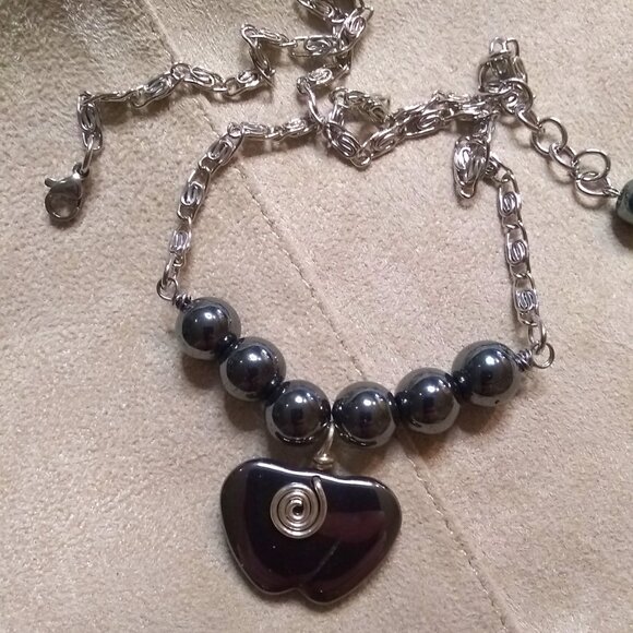 One-of-a-kind Hematite Apple Beaded Necklace! Teacher's Gift? Apple of your Eye? - Picture 2 of 9